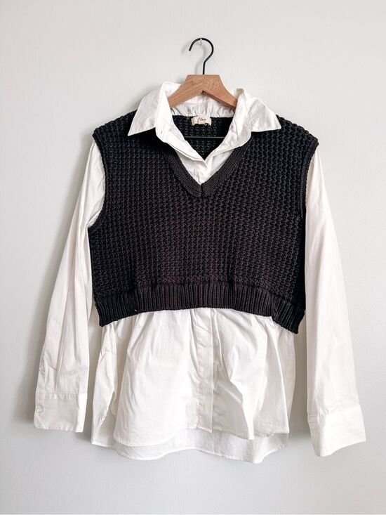 Elan Tops - Elan Layered Sweater Vest & White Button Down Shirt 2-in-1 Black L